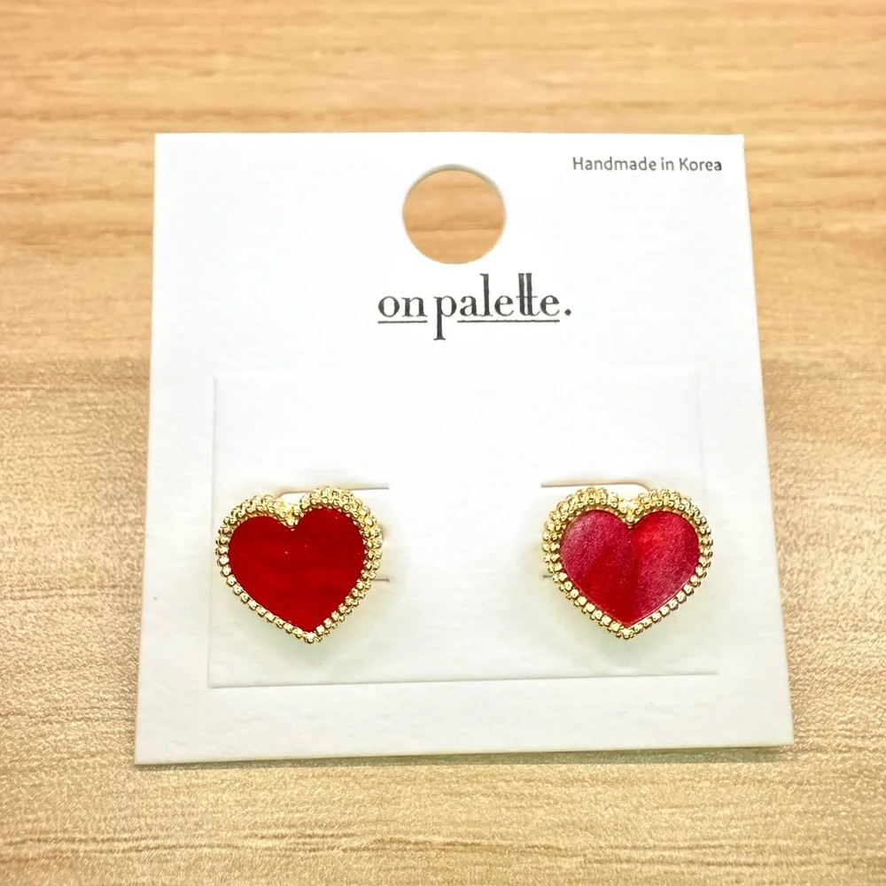 Gold Trimmed Red Heart Small Stud Earrings Perfect Valentine's Day Gift for Her - Picture 2 of 3